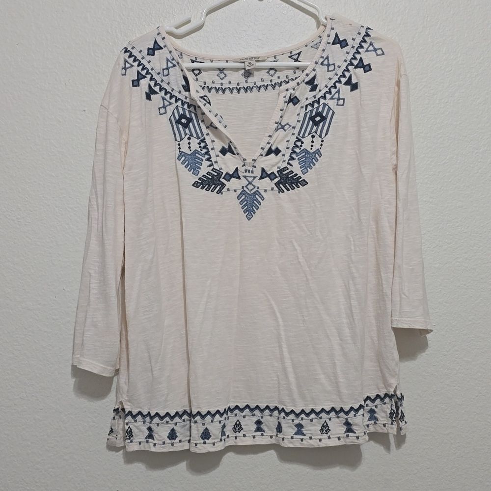 Lucky Brand 3/4 Sleeve Embroidered Top T-Shirt Tribal Boho Cream Size XL
